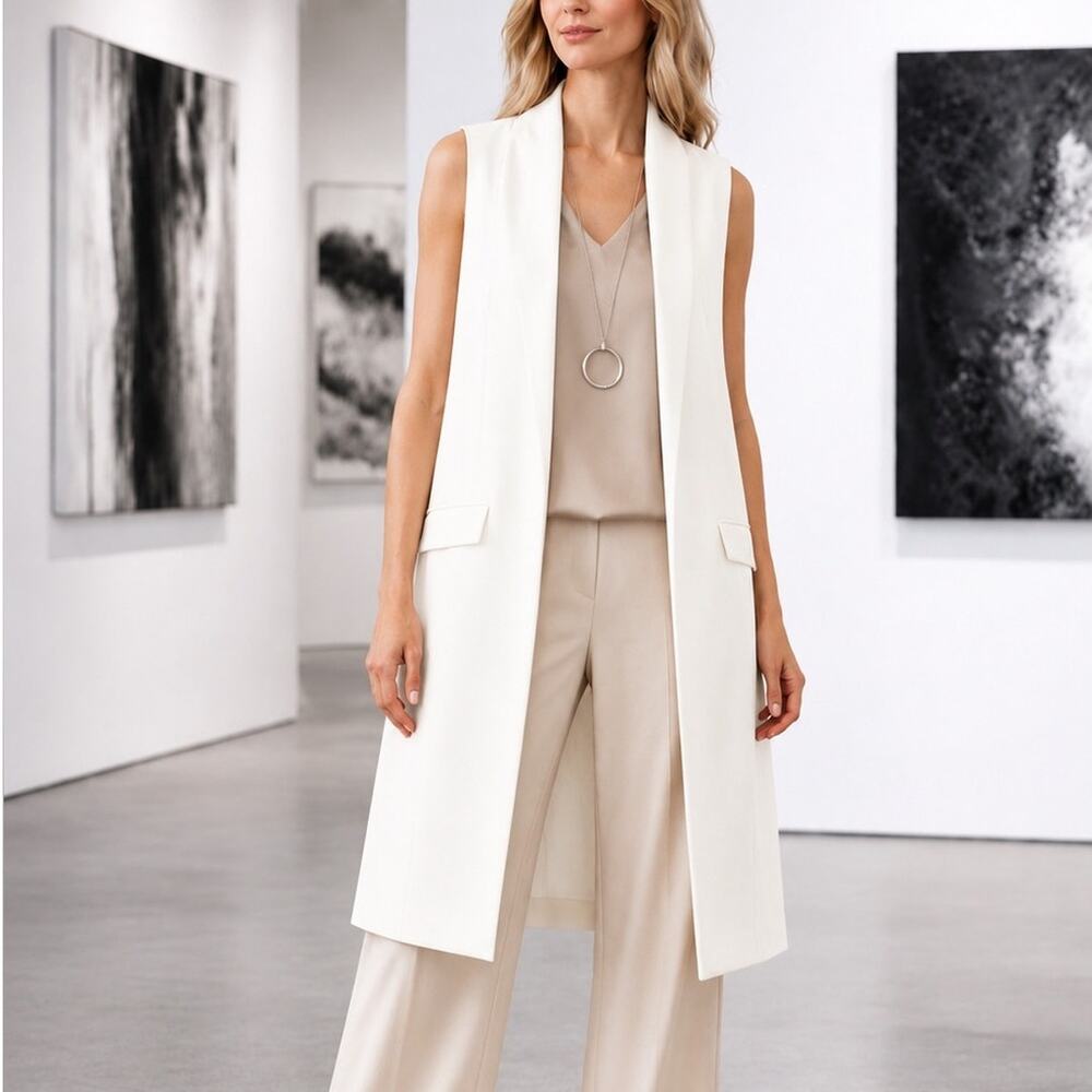 PLANET Lauren G Sleeveless Angle Open Cardigan Long Vest One Size White Capsule